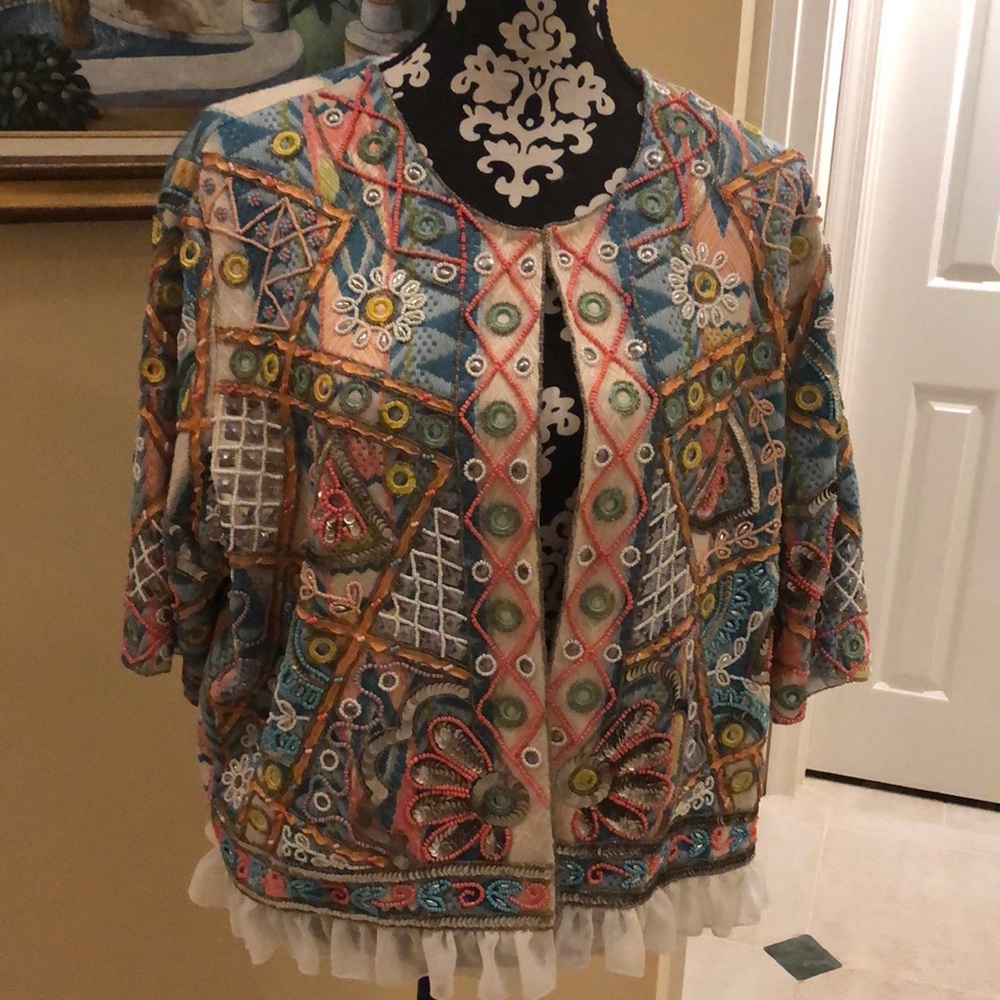 La Bellum Hillary Scott Bohemian Tapestry, ruffle hemmed, embellished Art Jacket